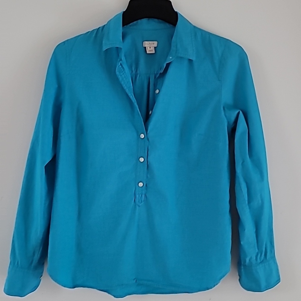 J. Crew Factory Cotton Popover Button Longsleeve Shirt Aqua Blue Women Size M